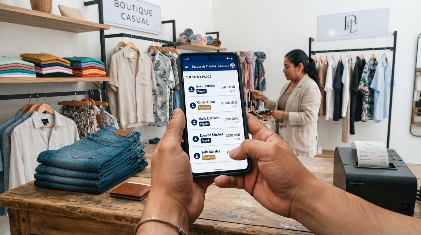 CRM con lista de clientes y pagos en un celular