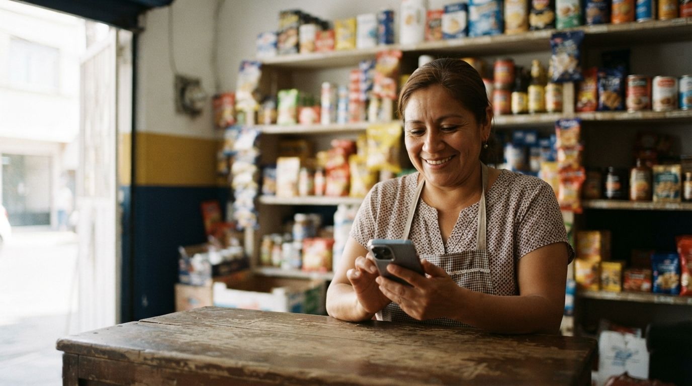 Dueña de una tienda de abarrotes revisando pedidos en su celular
