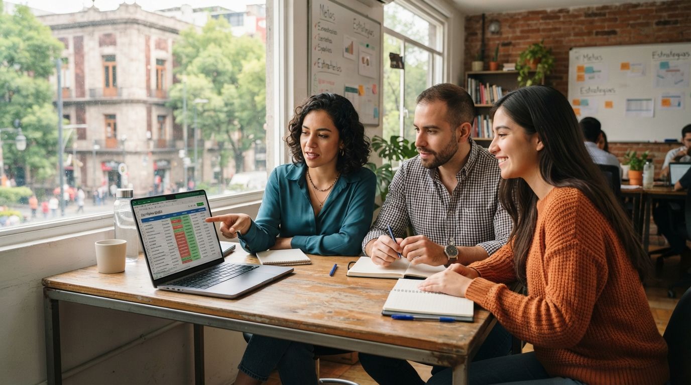 Equipo de una PYME revisando ventas en laptop