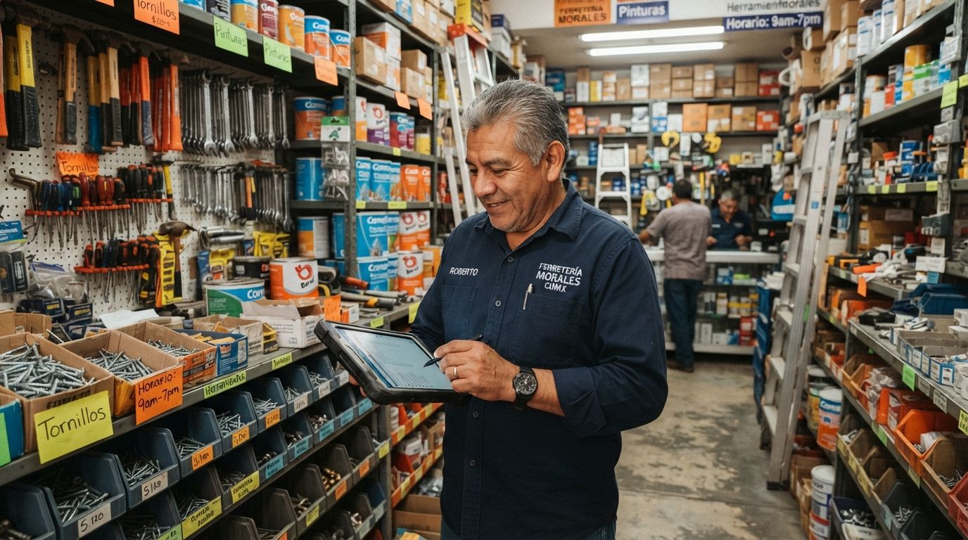 Dueño de ferretería revisando inventario en tablet